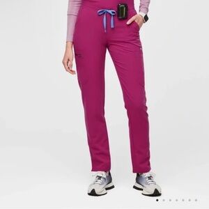 Figs Raspberry Pink High Waisted YOLA SkinnStraight Leg Pants with Elastic Waist